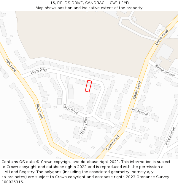 16, FIELDS DRIVE, SANDBACH, CW11 1YB: Location map and indicative extent of plot