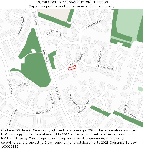 16, GAIRLOCH DRIVE, WASHINGTON, NE38 0DS: Location map and indicative extent of plot