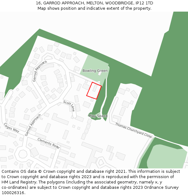 16, GARROD APPROACH, MELTON, WOODBRIDGE, IP12 1TD: Location map and indicative extent of plot