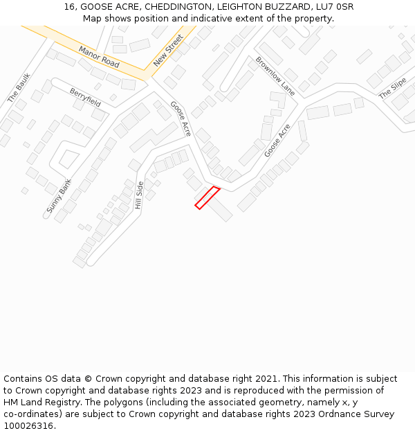 16, GOOSE ACRE, CHEDDINGTON, LEIGHTON BUZZARD, LU7 0SR: Location map and indicative extent of plot