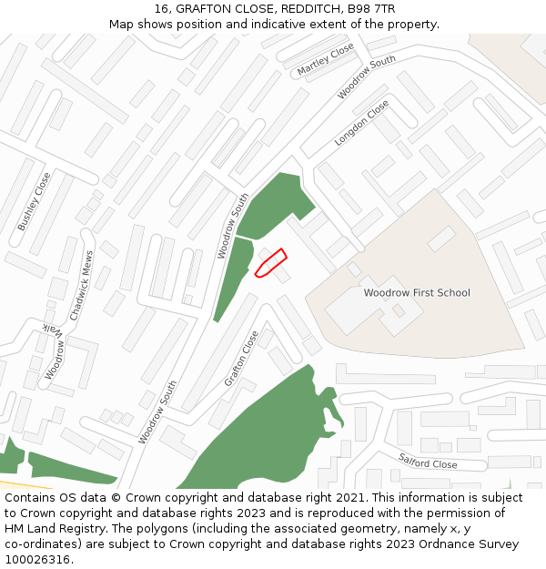 16, GRAFTON CLOSE, REDDITCH, B98 7TR: Location map and indicative extent of plot