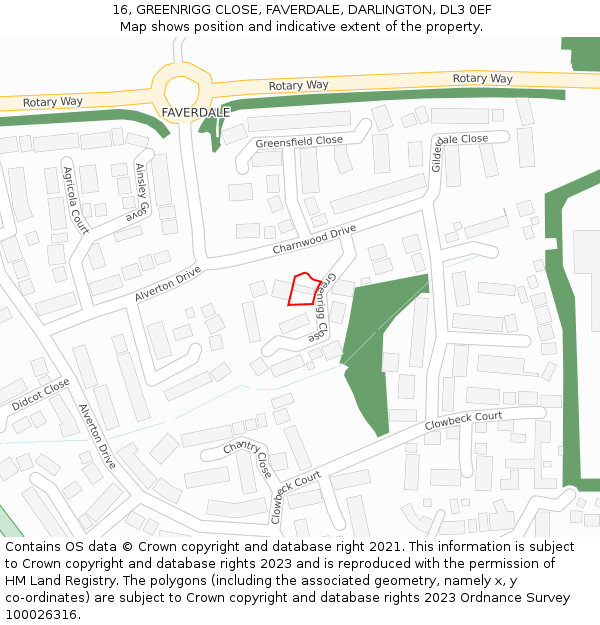 16, GREENRIGG CLOSE, FAVERDALE, DARLINGTON, DL3 0EF: Location map and indicative extent of plot
