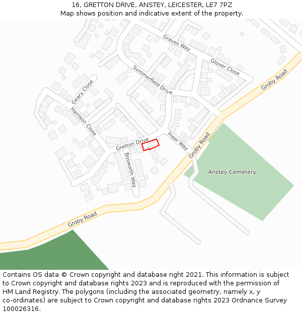 16, GRETTON DRIVE, ANSTEY, LEICESTER, LE7 7PZ: Location map and indicative extent of plot