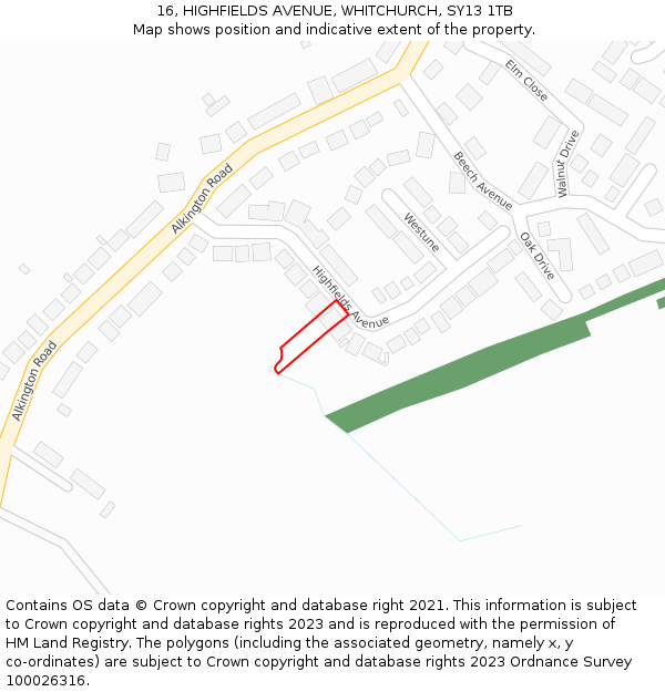 16, HIGHFIELDS AVENUE, WHITCHURCH, SY13 1TB: Location map and indicative extent of plot