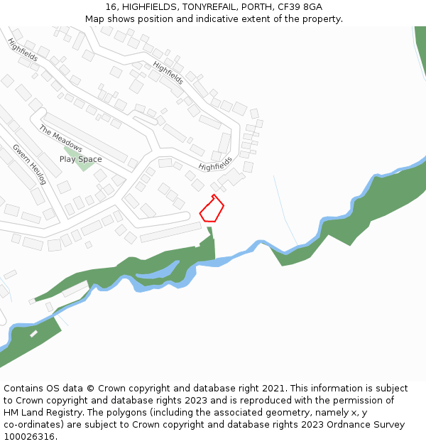 16, HIGHFIELDS, TONYREFAIL, PORTH, CF39 8GA: Location map and indicative extent of plot