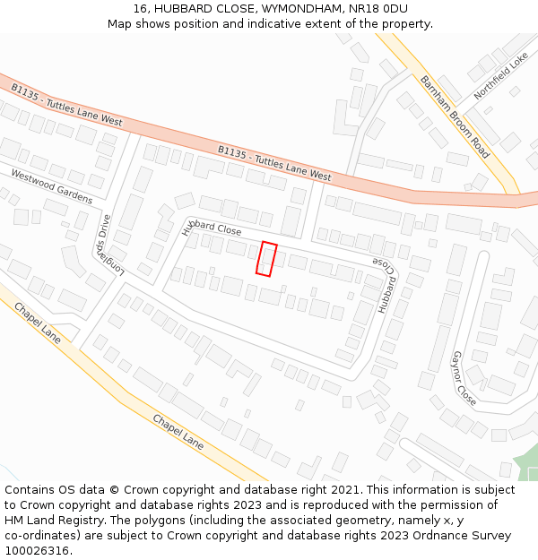 16, HUBBARD CLOSE, WYMONDHAM, NR18 0DU: Location map and indicative extent of plot