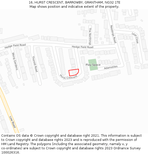 16, HURST CRESCENT, BARROWBY, GRANTHAM, NG32 1TE: Location map and indicative extent of plot