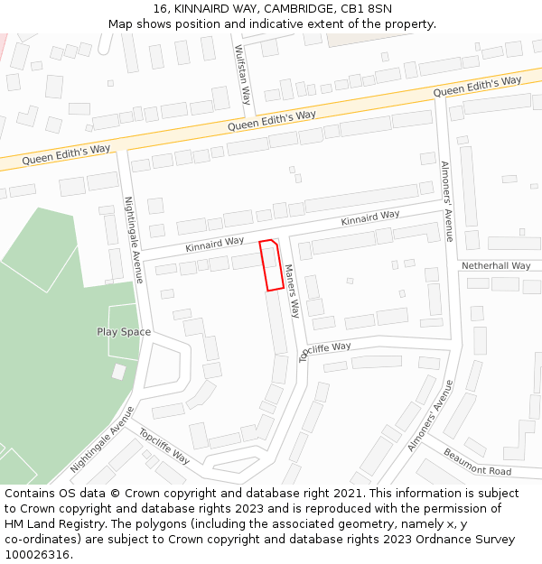 16, KINNAIRD WAY, CAMBRIDGE, CB1 8SN: Location map and indicative extent of plot