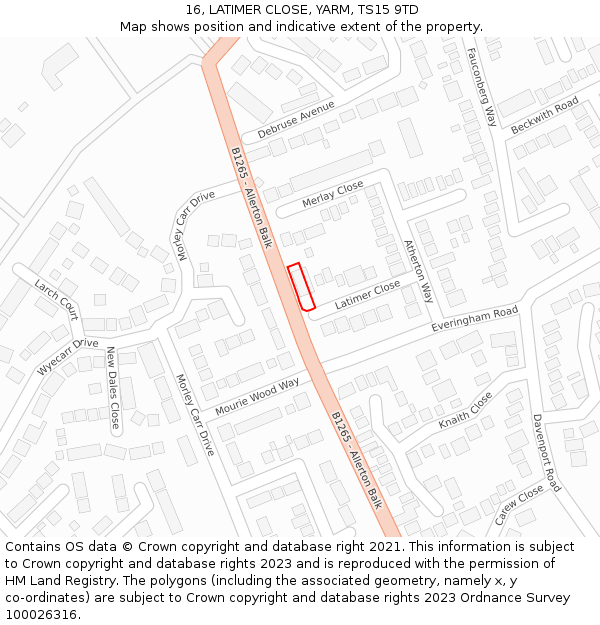 16, LATIMER CLOSE, YARM, TS15 9TD: Location map and indicative extent of plot