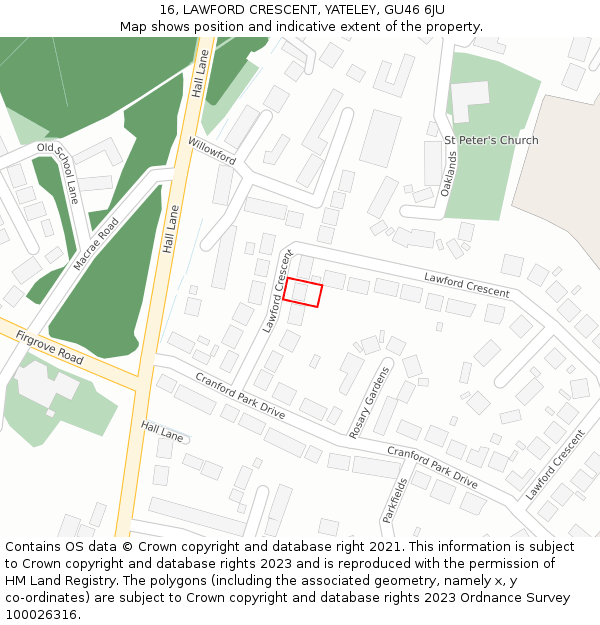 16, LAWFORD CRESCENT, YATELEY, GU46 6JU: Location map and indicative extent of plot