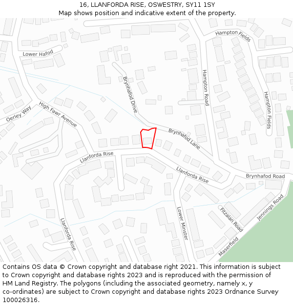 16, LLANFORDA RISE, OSWESTRY, SY11 1SY: Location map and indicative extent of plot