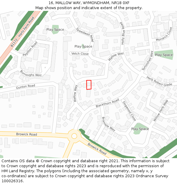 16, MALLOW WAY, WYMONDHAM, NR18 0XF: Location map and indicative extent of plot