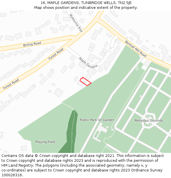 16, MAPLE GARDENS, TUNBRIDGE WELLS, TN2 5JE: Location map and indicative extent of plot