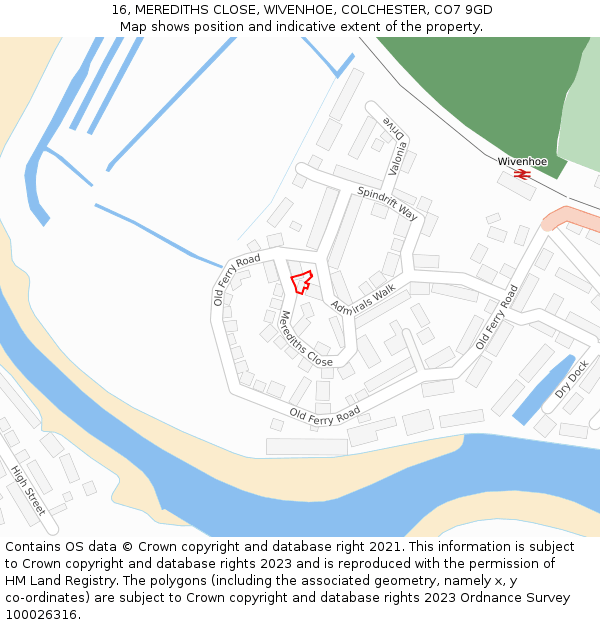 16, MEREDITHS CLOSE, WIVENHOE, COLCHESTER, CO7 9GD: Location map and indicative extent of plot