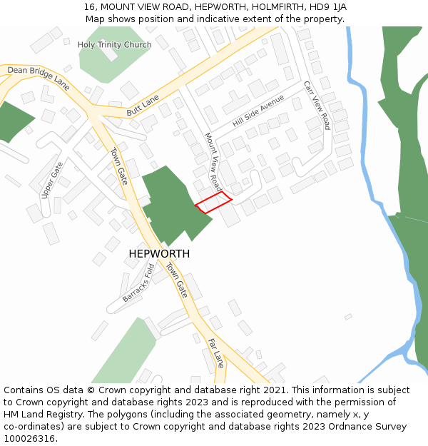 16, MOUNT VIEW ROAD, HEPWORTH, HOLMFIRTH, HD9 1JA: Location map and indicative extent of plot