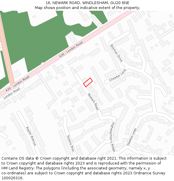 16, NEWARK ROAD, WINDLESHAM, GU20 6NE: Location map and indicative extent of plot