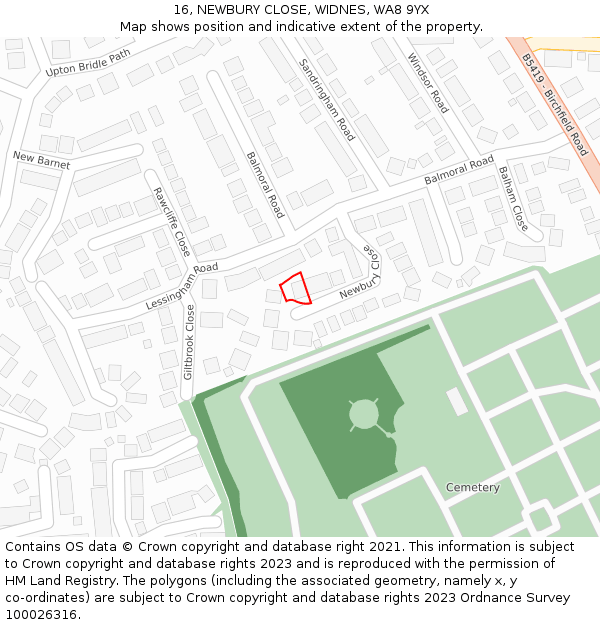 16, NEWBURY CLOSE, WIDNES, WA8 9YX: Location map and indicative extent of plot