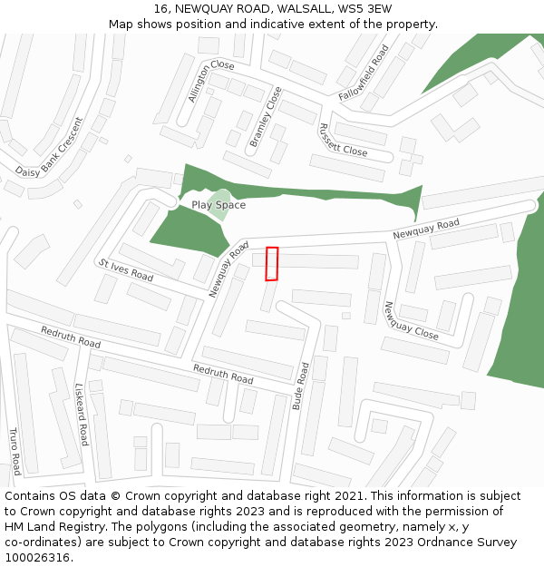 16, NEWQUAY ROAD, WALSALL, WS5 3EW: Location map and indicative extent of plot