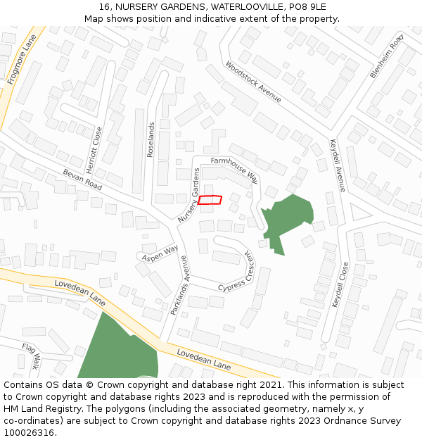 16, NURSERY GARDENS, WATERLOOVILLE, PO8 9LE: Location map and indicative extent of plot