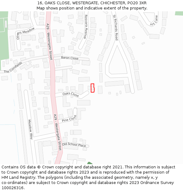 16, OAKS CLOSE, WESTERGATE, CHICHESTER, PO20 3XR: Location map and indicative extent of plot