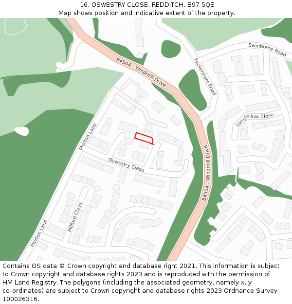 16, OSWESTRY CLOSE, REDDITCH, B97 5QE: Location map and indicative extent of plot