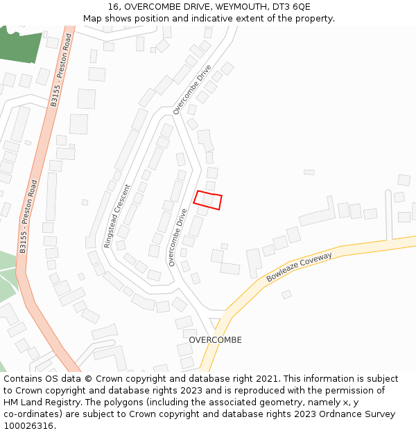 16, OVERCOMBE DRIVE, WEYMOUTH, DT3 6QE: Location map and indicative extent of plot