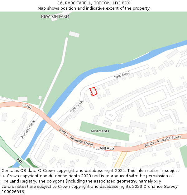 16, PARC TARELL, BRECON, LD3 8DX: Location map and indicative extent of plot