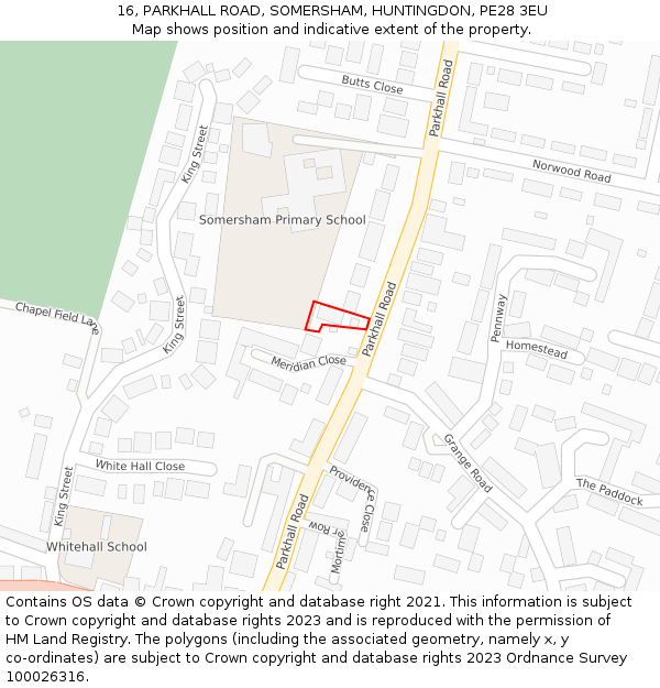 16, PARKHALL ROAD, SOMERSHAM, HUNTINGDON, PE28 3EU: Location map and indicative extent of plot
