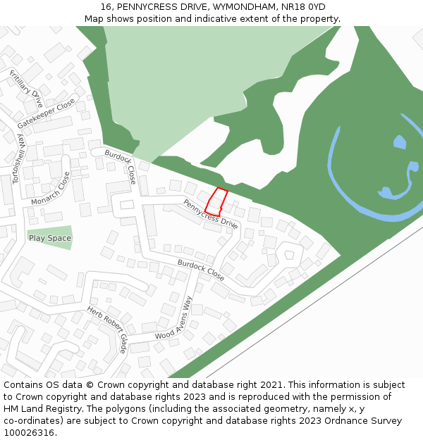 16, PENNYCRESS DRIVE, WYMONDHAM, NR18 0YD: Location map and indicative extent of plot