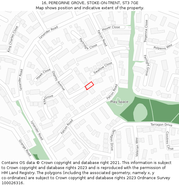 16, PEREGRINE GROVE, STOKE-ON-TRENT, ST3 7GE: Location map and indicative extent of plot