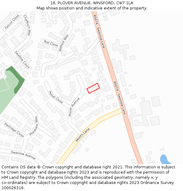 16, PLOVER AVENUE, WINSFORD, CW7 1LA: Location map and indicative extent of plot