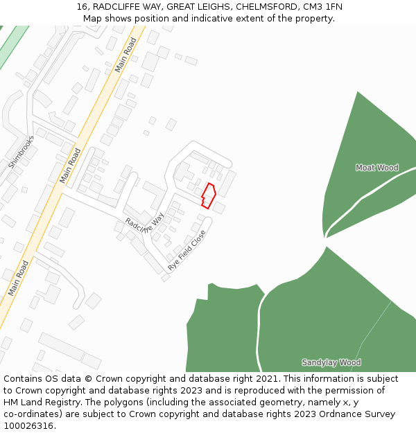 16, RADCLIFFE WAY, GREAT LEIGHS, CHELMSFORD, CM3 1FN: Location map and indicative extent of plot