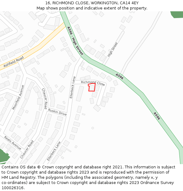 16, RICHMOND CLOSE, WORKINGTON, CA14 4EY: Location map and indicative extent of plot