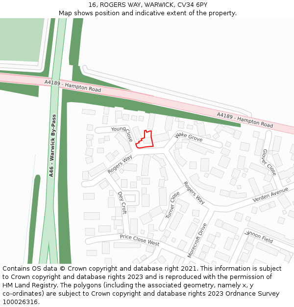 16, ROGERS WAY, WARWICK, CV34 6PY: Location map and indicative extent of plot