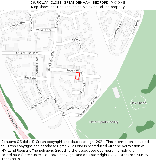 16, ROWAN CLOSE, GREAT DENHAM, BEDFORD, MK40 4SJ: Location map and indicative extent of plot