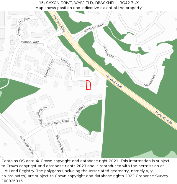 16, SAXON DRIVE, WARFIELD, BRACKNELL, RG42 7UX: Location map and indicative extent of plot