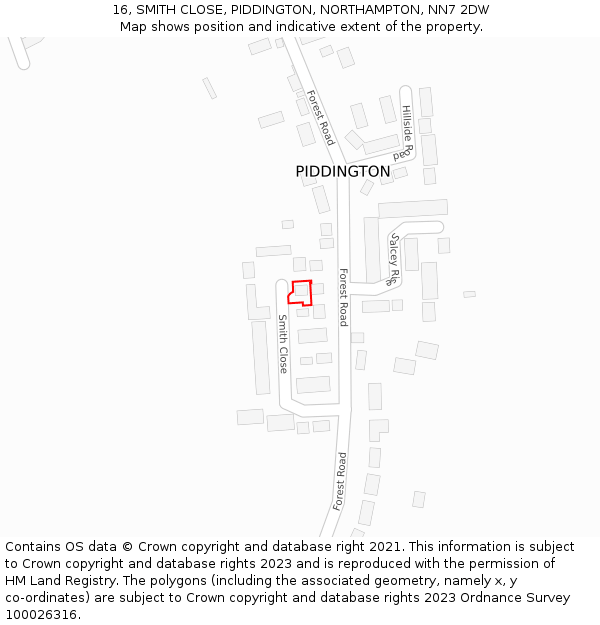 16, SMITH CLOSE, PIDDINGTON, NORTHAMPTON, NN7 2DW: Location map and indicative extent of plot