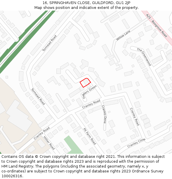 16, SPRINGHAVEN CLOSE, GUILDFORD, GU1 2JP: Location map and indicative extent of plot