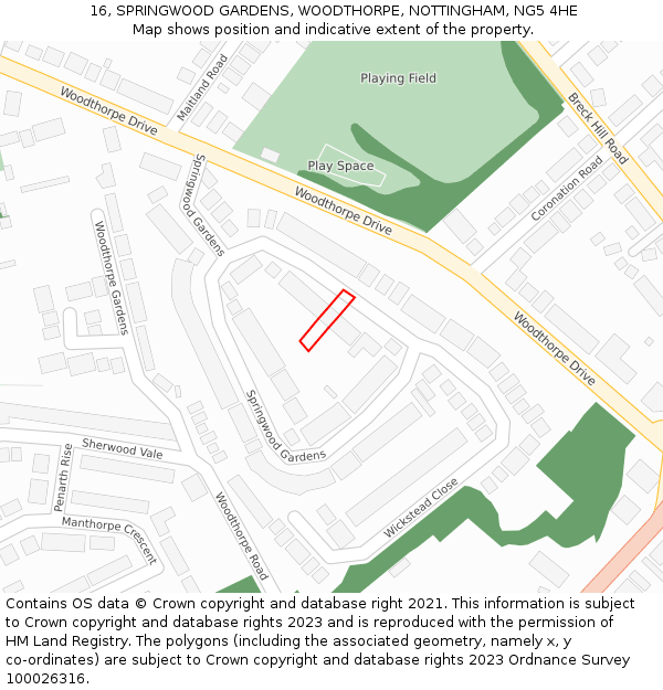 16, SPRINGWOOD GARDENS, WOODTHORPE, NOTTINGHAM, NG5 4HE: Location map and indicative extent of plot