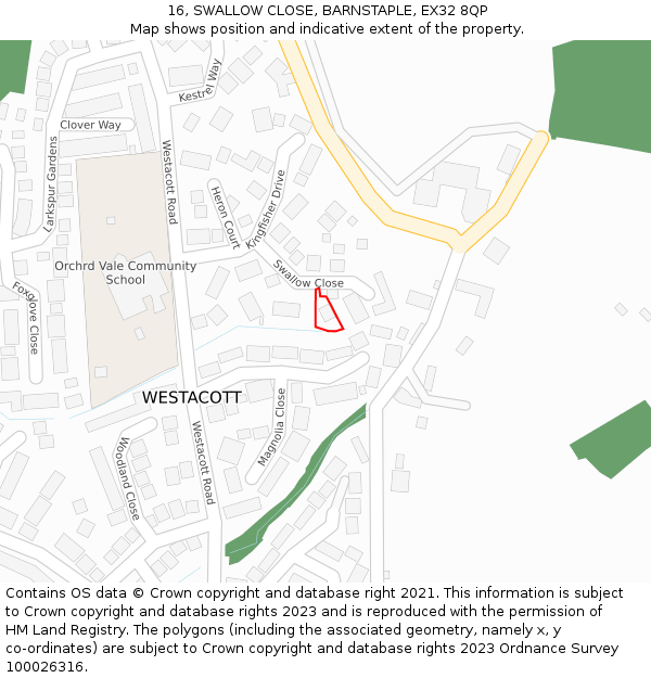 16, SWALLOW CLOSE, BARNSTAPLE, EX32 8QP: Location map and indicative extent of plot