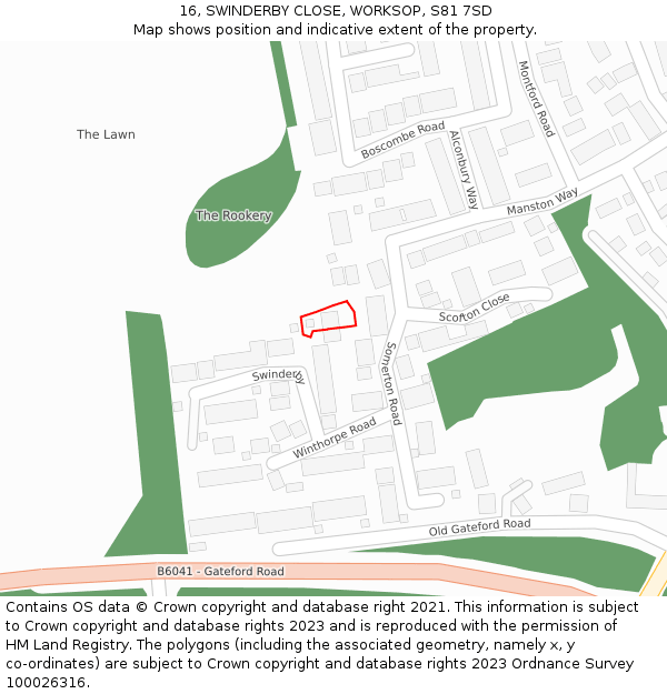 16, SWINDERBY CLOSE, WORKSOP, S81 7SD: Location map and indicative extent of plot