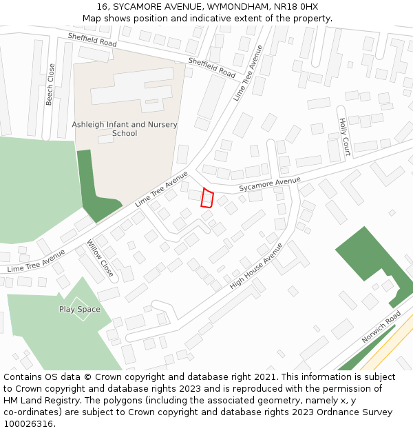 16, SYCAMORE AVENUE, WYMONDHAM, NR18 0HX: Location map and indicative extent of plot