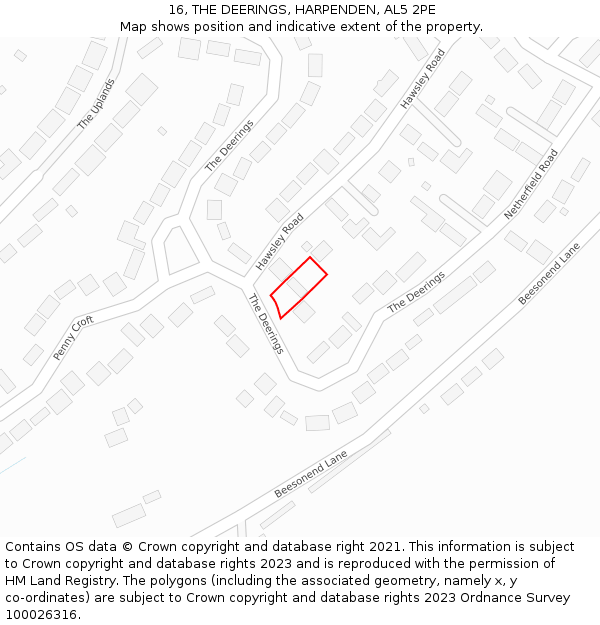 16, THE DEERINGS, HARPENDEN, AL5 2PE: Location map and indicative extent of plot