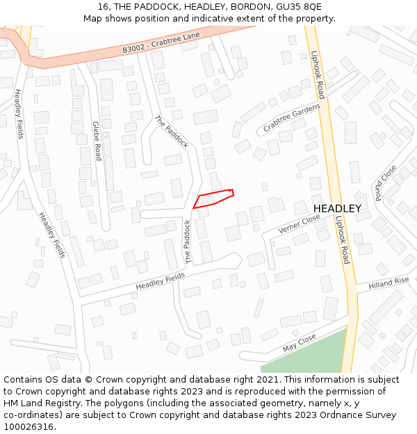 16, THE PADDOCK, HEADLEY, BORDON, GU35 8QE: Location map and indicative extent of plot