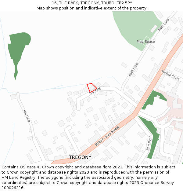 16, THE PARK, TREGONY, TRURO, TR2 5PY: Location map and indicative extent of plot