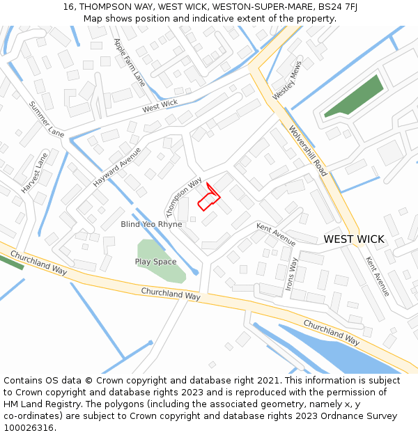 16, THOMPSON WAY, WEST WICK, WESTON-SUPER-MARE, BS24 7FJ: Location map and indicative extent of plot