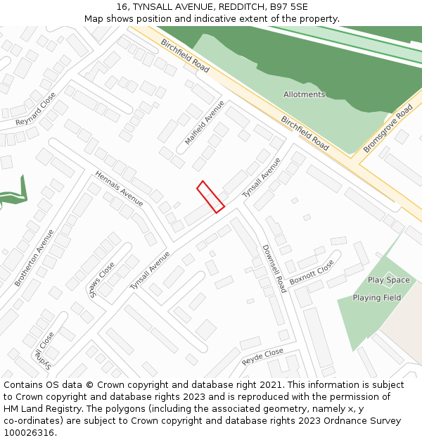 16, TYNSALL AVENUE, REDDITCH, B97 5SE: Location map and indicative extent of plot