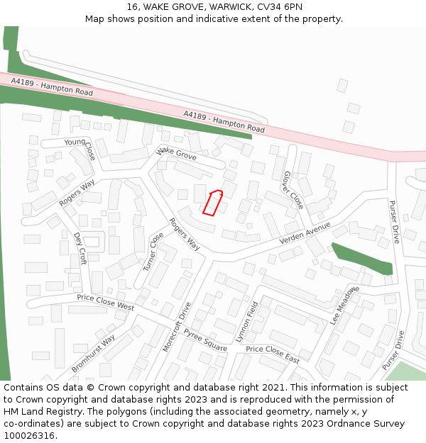 16, WAKE GROVE, WARWICK, CV34 6PN: Location map and indicative extent of plot