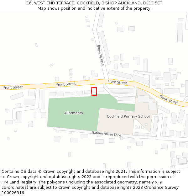 16, WEST END TERRACE, COCKFIELD, BISHOP AUCKLAND, DL13 5ET: Location map and indicative extent of plot