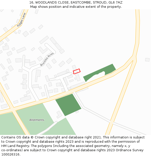 16, WOODLANDS CLOSE, EASTCOMBE, STROUD, GL6 7AZ: Location map and indicative extent of plot